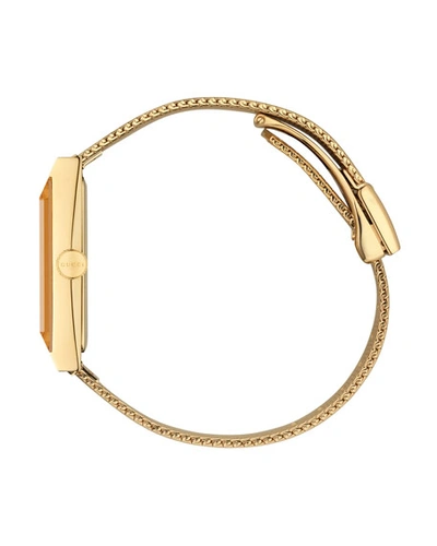 Shop Gucci G-frame Rectangular Mother-of-pearl Watch W/ Mesh Strap, Gold
