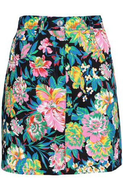 Shop Msgm Woman Floral-print Denim Mini Skirt Black