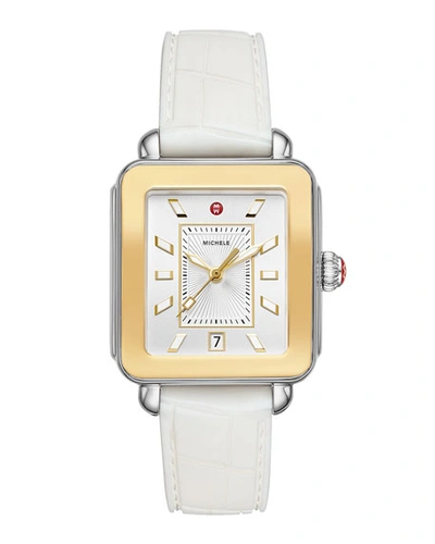 Shop Michele Deco Sport Two-tone Watch W/ Silicone Strap, White In Gold