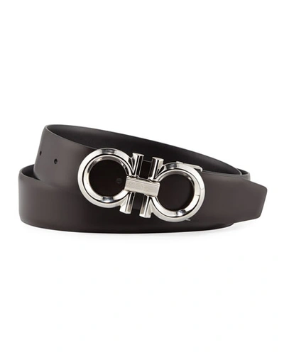 Ferragamo Men's Reversible Textured Leather Belt With Beveled Gancini Buckle In Black