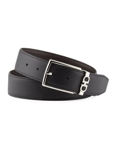 Ferragamo Men's Reversible Textured Leather Belt With Classic Buckle In Black