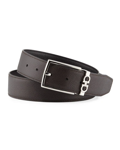 Shop Ferragamo Men's Reversible Textured Leather Belt With Classic Buckle In Black