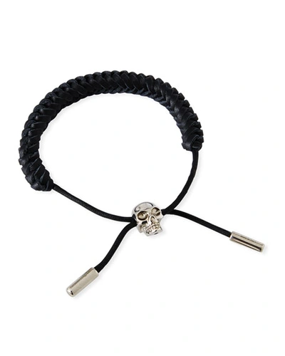 Shop Alexander Mcqueen Men's Skull-bead Braided Leather Bracelet In Black
