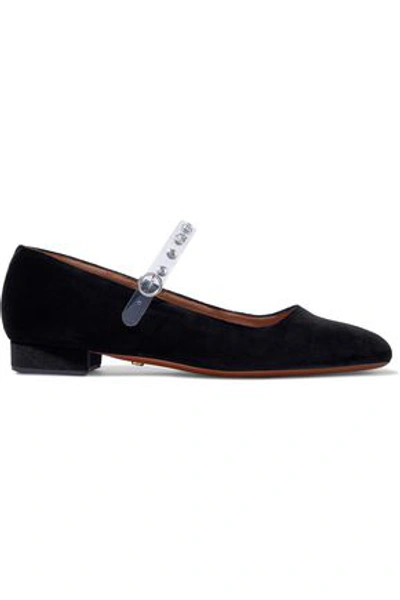 Shop Alexa Chung Crystal-embellished Pvc-trimmed Cotton-velvet Ballet Flats In Black