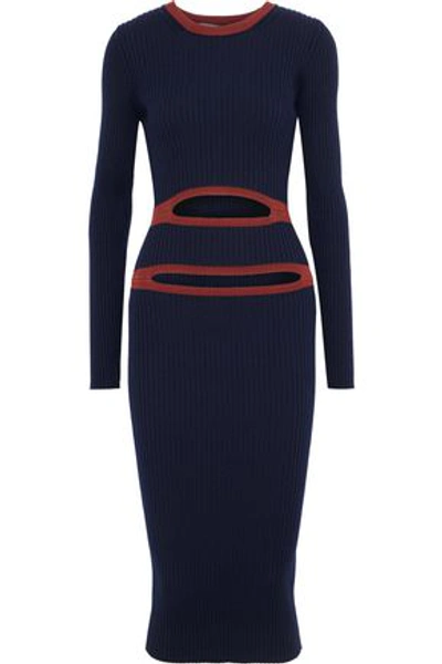 Shop Victoria Beckham Woman Cutout Ribbed-knit Dress Indigo In Navy