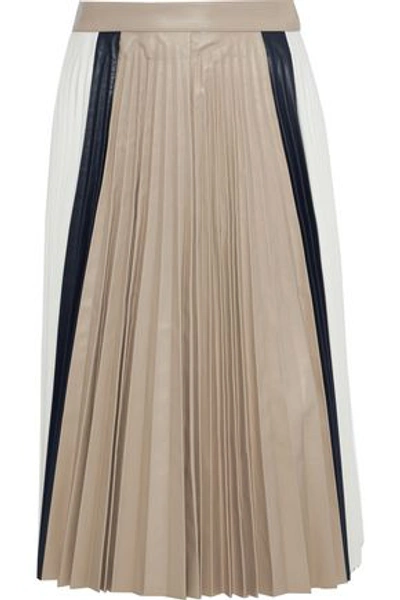 Shop Victoria Beckham Woman Pleated Color-block Leather Skirt Beige