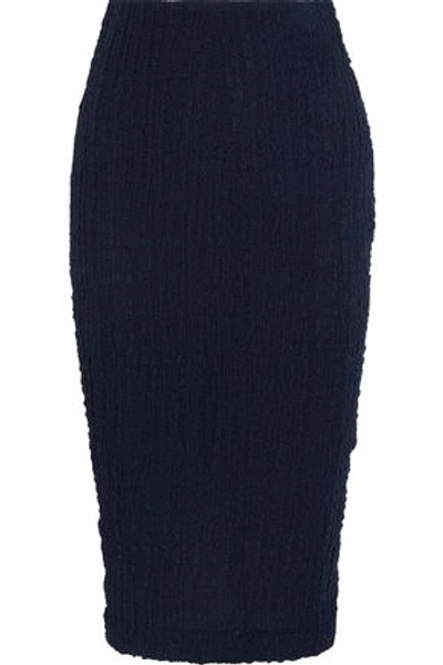 Shop Victoria Beckham Woman Silk-seersucker Pencil Skirt Navy