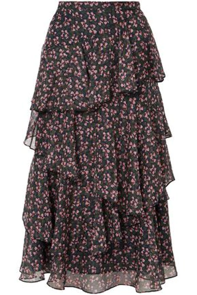 Shop Alexa Chung Alexachung Woman Tiered Floral-print Chiffon Midi Skirt Navy