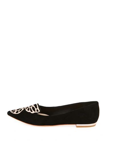 Shop Sophia Webster Bibi Butterfly Embroidered Suede Flats In Black / Rose Gold