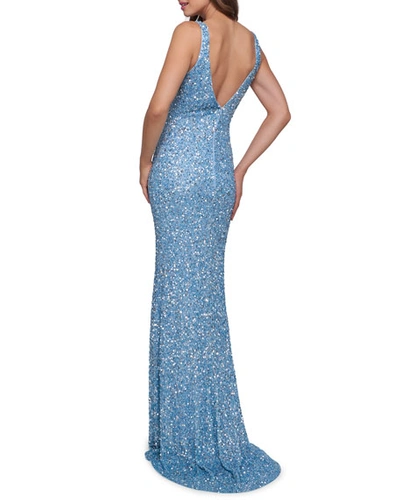 Shop Mac Duggal Sequined V-neck Sleeveless Gown With High Slit In Powder Blue