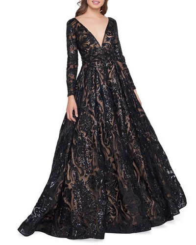 Shop Mac Duggal Sequin Burnout Plunge-neck Long-sleeve Ball Gown In Black/nude