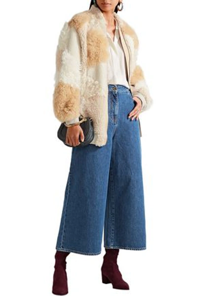 Shop Chloé Oversized Patchwork Shearling And Alpaca Bomber Jacket In Beige