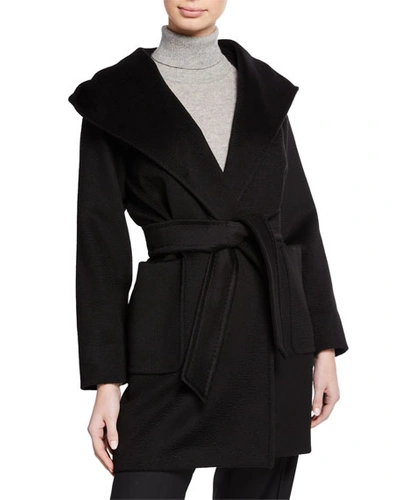 Shop Max Mara Rialto Camel Hair Belted Short Hooded Coat In Black