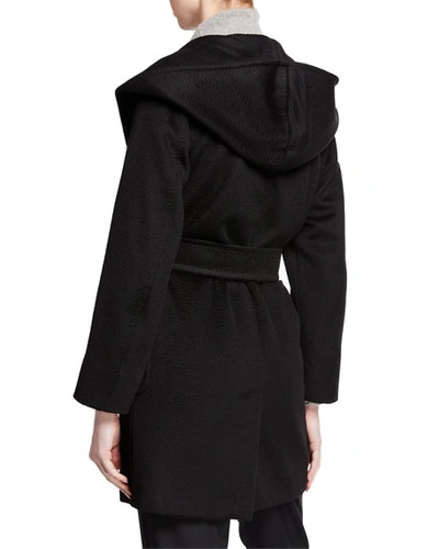 Shop Max Mara Rialto Camel Hair Belted Short Hooded Coat In Black