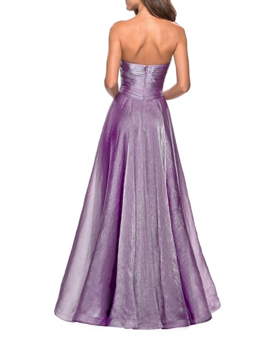 Shop La Femme Strapless Metallic Chiffon Gown With Ruched Bodice In Purple