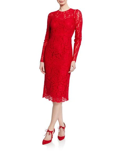 Shop Dolce & Gabbana Long-sleeve Floral-lace Midi Dress In Red
