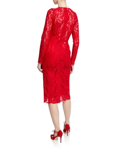 Shop Dolce & Gabbana Long-sleeve Floral-lace Midi Dress In Red
