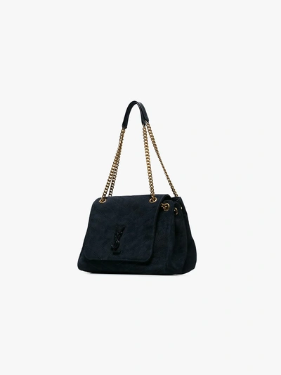 Shop Saint Laurent Navy Nolita Logo Plaque Suede Shoulder Bag In 4150 Blue