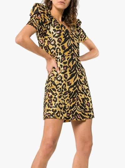 Shop Moschino Leopard Print Poof Sleeve Sequin Mini Dress In 1888 Multicoloured