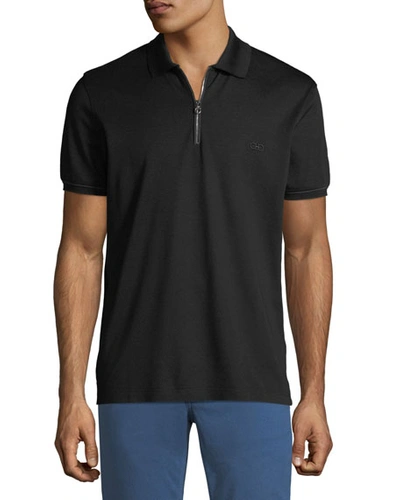 Shop Ferragamo Men's Zip Polo Shirt In Black