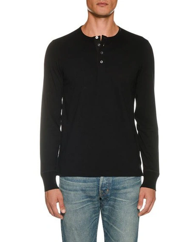 Shop Tom Ford Men's Long-sleeve Henley Shirt In Black
