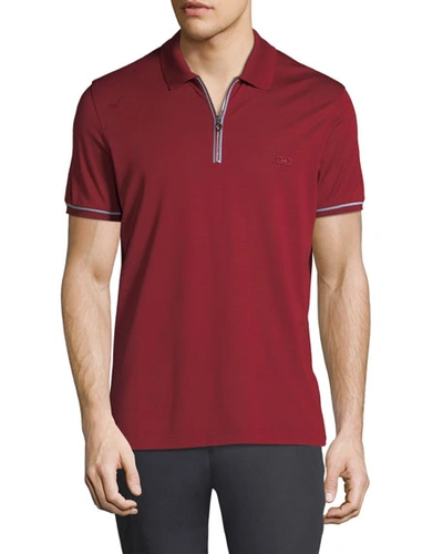 Shop Ferragamo Men's Tipped Zip-up Polo Shirt In Red