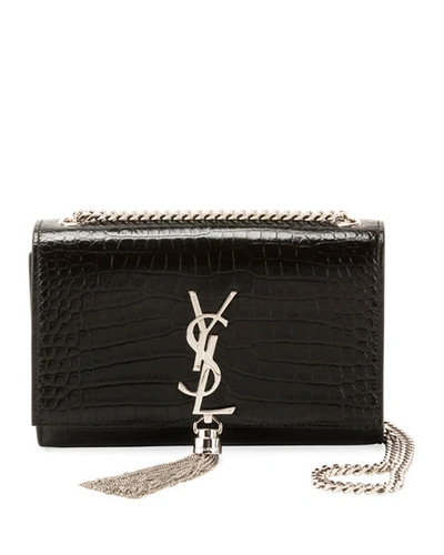 Shop Saint Laurent Kate Monogram Small Croc-embossed Tassel Shoulder Bag In Black