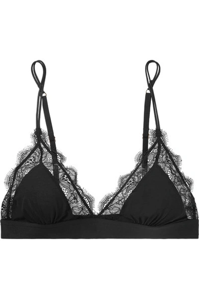Shop Love Stories Love Lacey Lace-trimmed Stretch-jersey Soft-cup Triangle Bra In Black