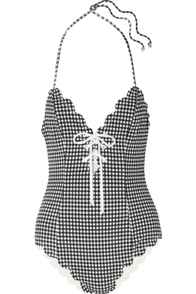 Shop Marysia Broadway Scalloped Lace-up Gingham Stretch-crepe Halterneck Swimsuit In Black