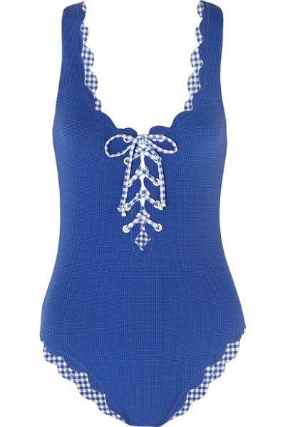Shop Marysia Palm Springs Scalloped Lace-up Stretch-crepe Swimsuit In Blue