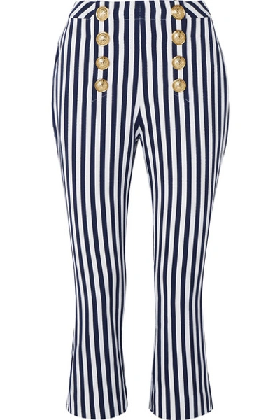 Shop Balmain Cropped Button-embellished Striped Cotton-drill Flared Pants In Navy
