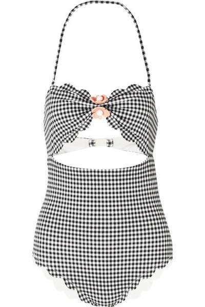 Shop Marysia Antibes Flower Cutout Scalloped Gingham Halterneck Swimsuit In Black