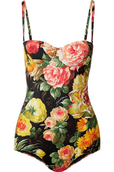 Shop Dolce & Gabbana Cutout Floral-print Swimsuit In Black