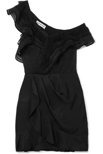 Shop Self-portrait One-shoulder Guipure Lace-trimmed Satin Mini Dress In Black