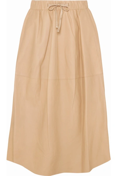Shop Vince Leather Midi Skirt In Beige