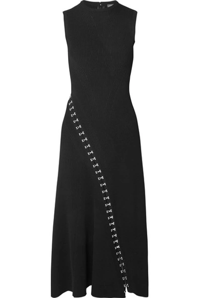 Shop Alexander Mcqueen Asymmetric Eyelet-embellished Ribbed Stretch-knit Midi Dress In Black