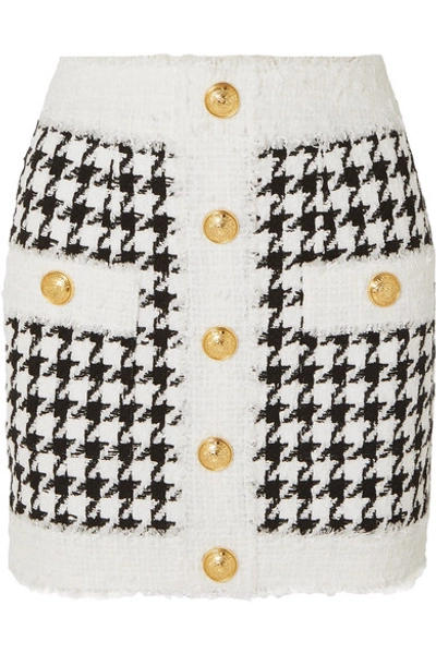 Shop Balmain Button-embellished Houndstooth Tweed Mini Skirt In White