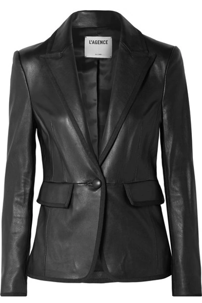 Shop L Agence Paulie Grosgrain-trimmed Leather Blazer In Black