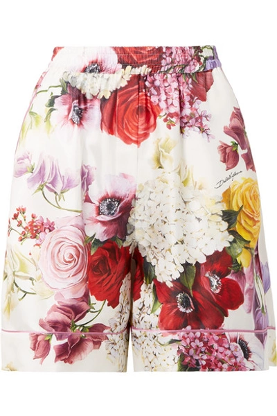 Shop Dolce & Gabbana Floral-print Silk-twill Shorts In White