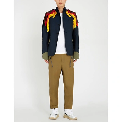 Shop Sacai Epaulettes-detailed Embroidered Jacket In Navy Khaki