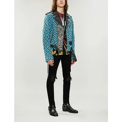 Shop Amiri Checked Denim And Leather Biker Jacket In Aqua Black