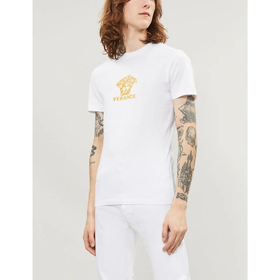 Shop Versace Logo-embroidered Cotton-jersey T-shirt In White Gold