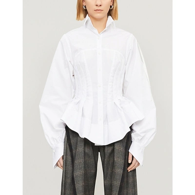 Shop Aganovich Flared-hem Fitted Cotton Shirt In White