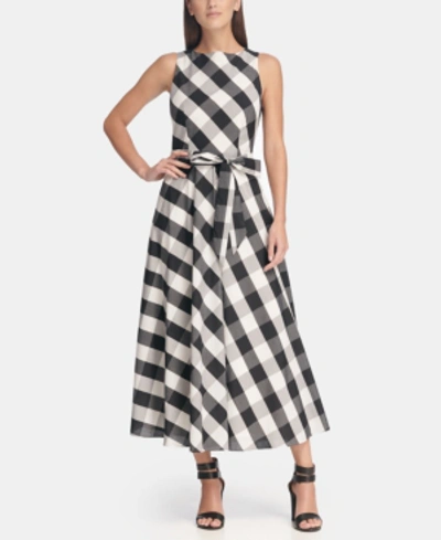 Shop Dkny Plaid Maxi Dress With Tie Belt, Created For Macy's In Black/ivory