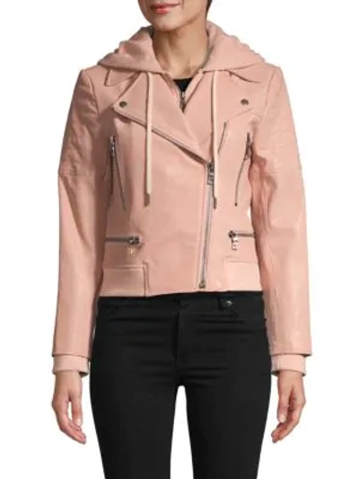 Shop Ao.la Leather & Cotton Blend Hooded Moto Jacket In Blush