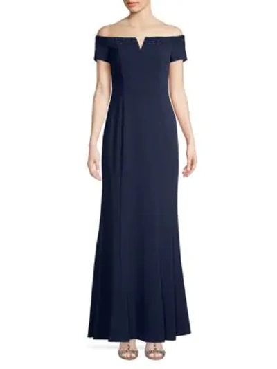 Shop Calvin Klein Off-the-shoulder Studded Gown In Twilight