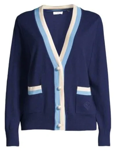 Shop Sandro Clotide Stripe Trim Cardigan In Navy Blue