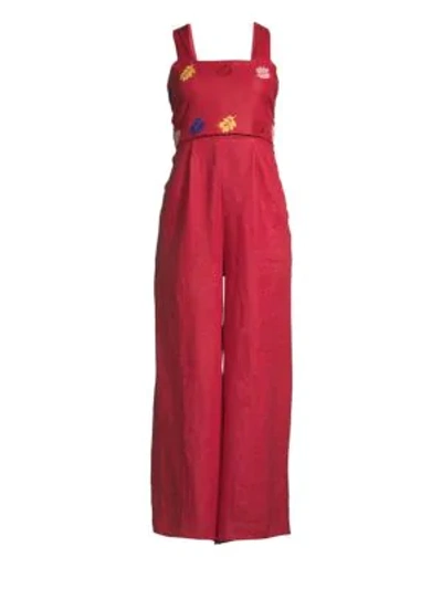 Shop Carolina K Bow Linen Jumpsuit In Red
