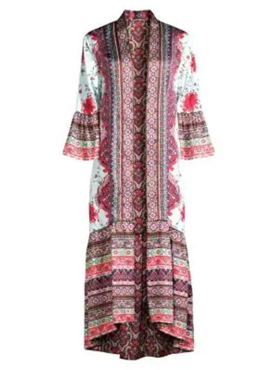 Shop Alice And Olivia Dottie Long Reversible Printed Cardigan In Chrysanthemum Border Powder Blue