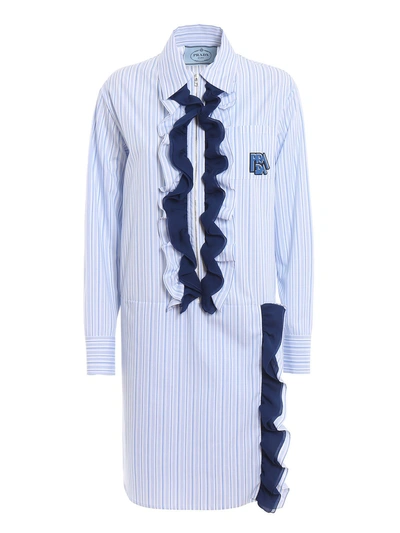 Shop Prada Striped Poplin Shirt Dress In Celeste+inchiostro